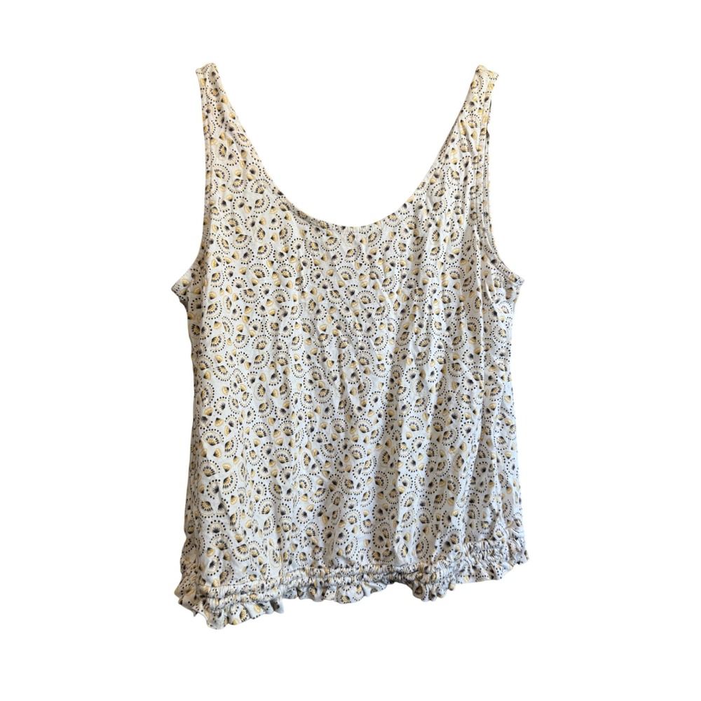 LOFT Tank Top Womens Medium White Yellow Pattern Excellent Elastic Ruffle Hem